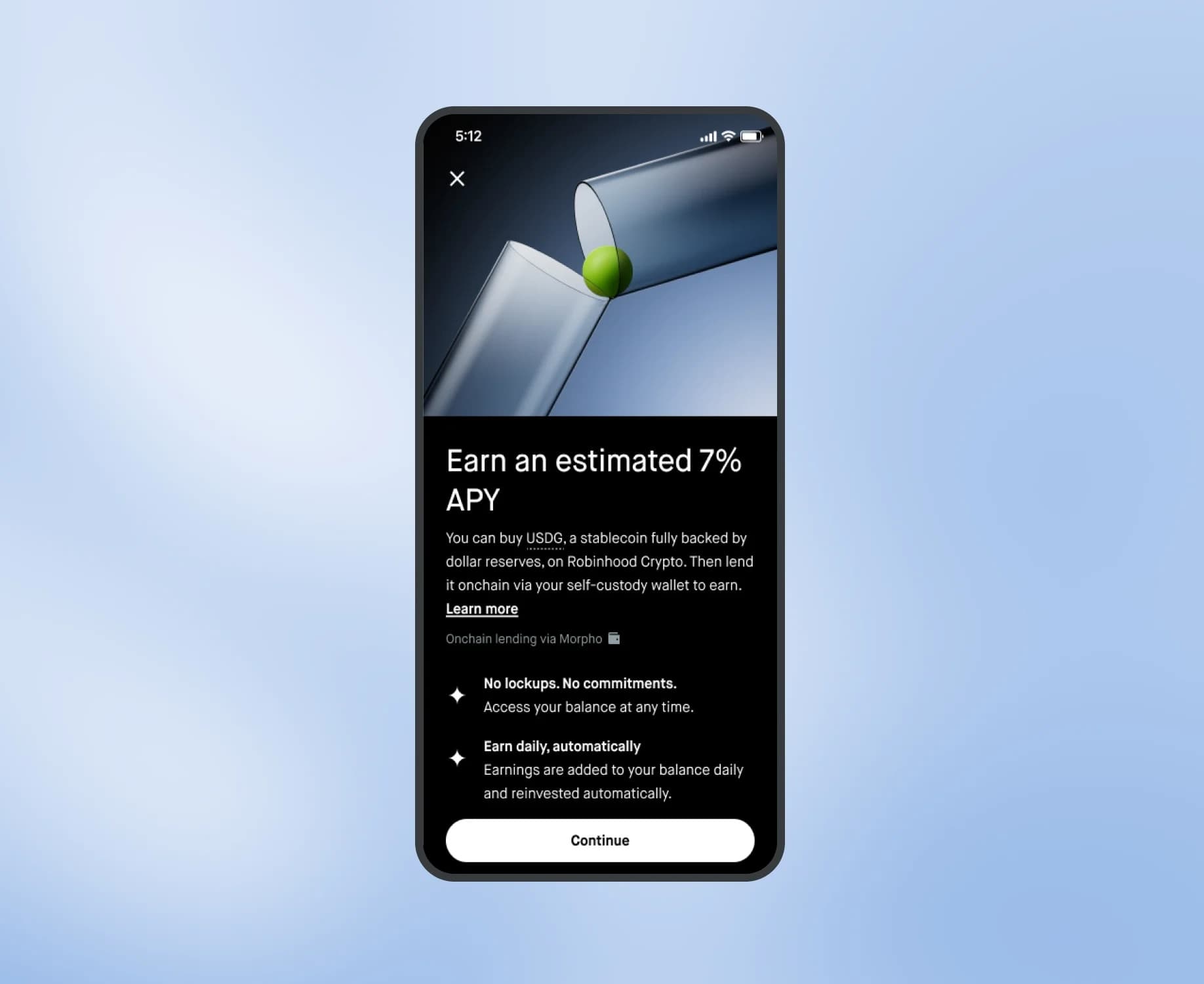 The Earn tab in the Robinhood app, showing an estimated 7% APY